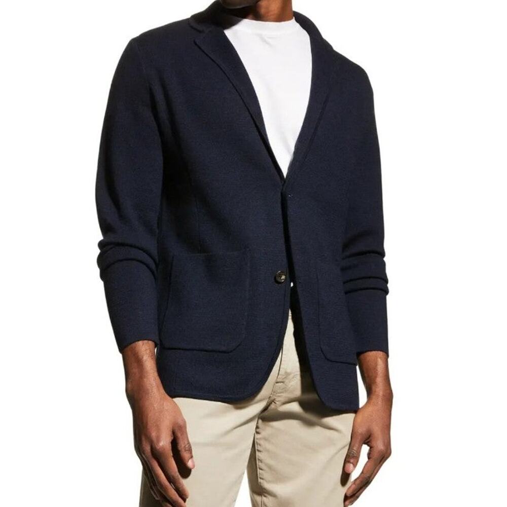 Amicale cashmere cardigan sweater Sz L navy long sleeve pockets A24